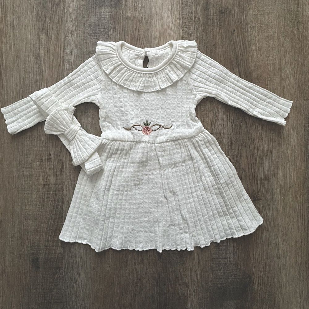 Organic Cotton Baby Girl Knit Ribbed Dress Outfit, Soft light Flower Clothing